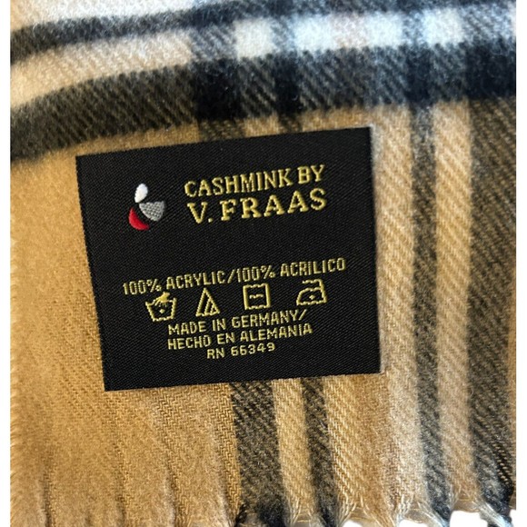 Cashmink by V Fraas Scarf Tan Black Plaid Scarf Fringe Soft Unisex 54” x 11” - Picture 2 of 7